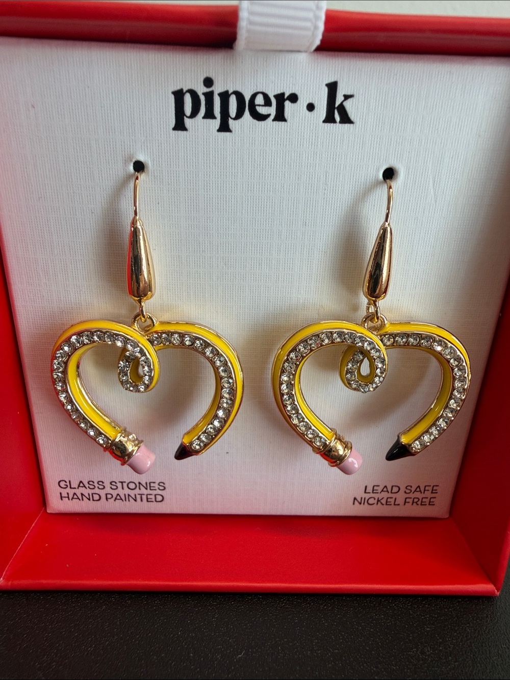 Piper K | Whimsical Yellow Heart Pencil Drop Rhinestone Earrings - Picture 6 of 7